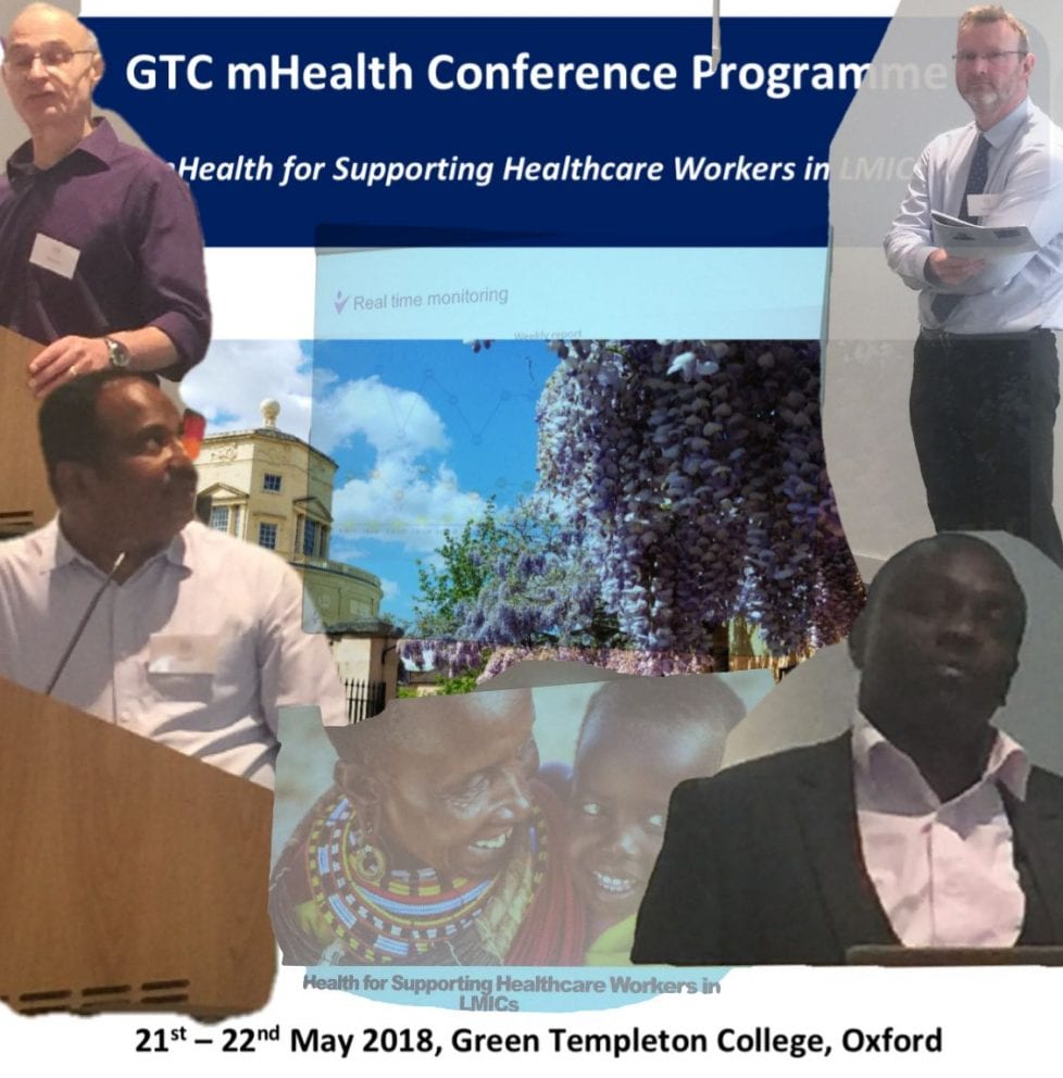 A poster advertising the GTC mHealth Conference in 2018 which shows a collage of images of different people speaking at lecterns, with a picture of the Radcliffe Observatory in the middle