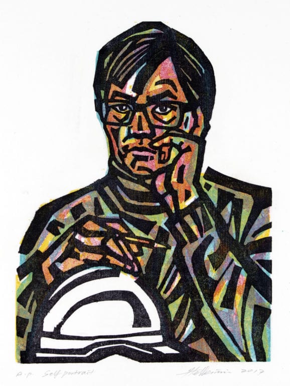 Self-portrait in coloured chalk by artist-in-residence Weimin He