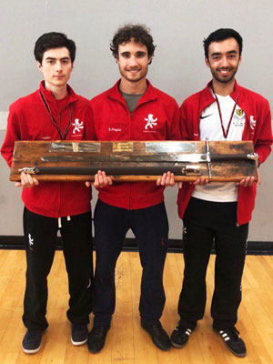 Green Templeton student Benjamin Hart and teammates Eros Pegolo and Dáithí Harkin hold their prize at the Student 4 Nations Fencing, 13 July 2019