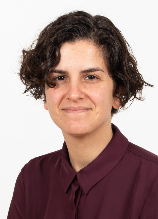 Rachel Noah headshot in dark top with collar with plain light background behind