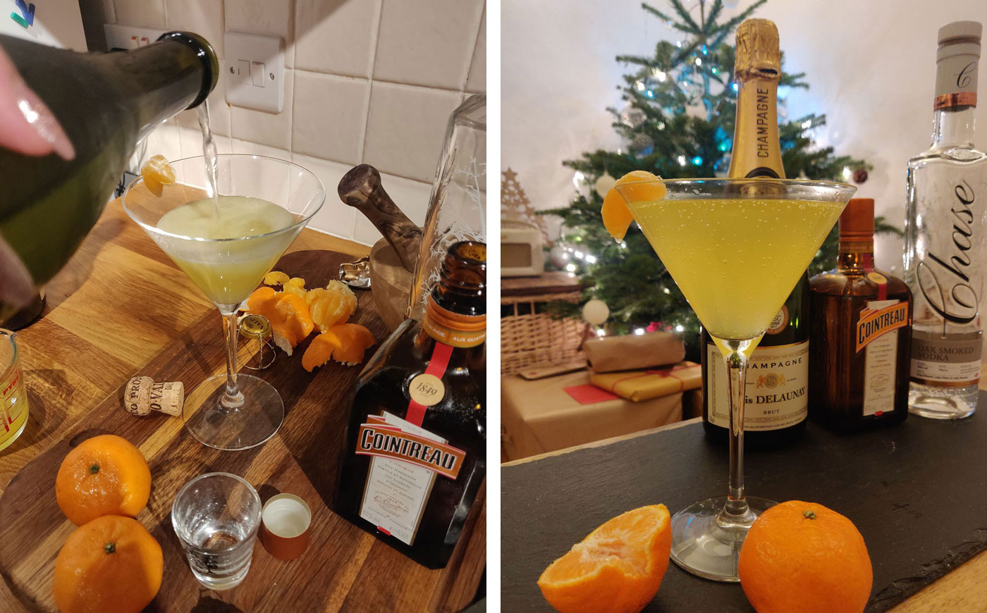 A woman pours a bottle of prosecco into a martini glass and then shows off the finished drink with a clementine garnish