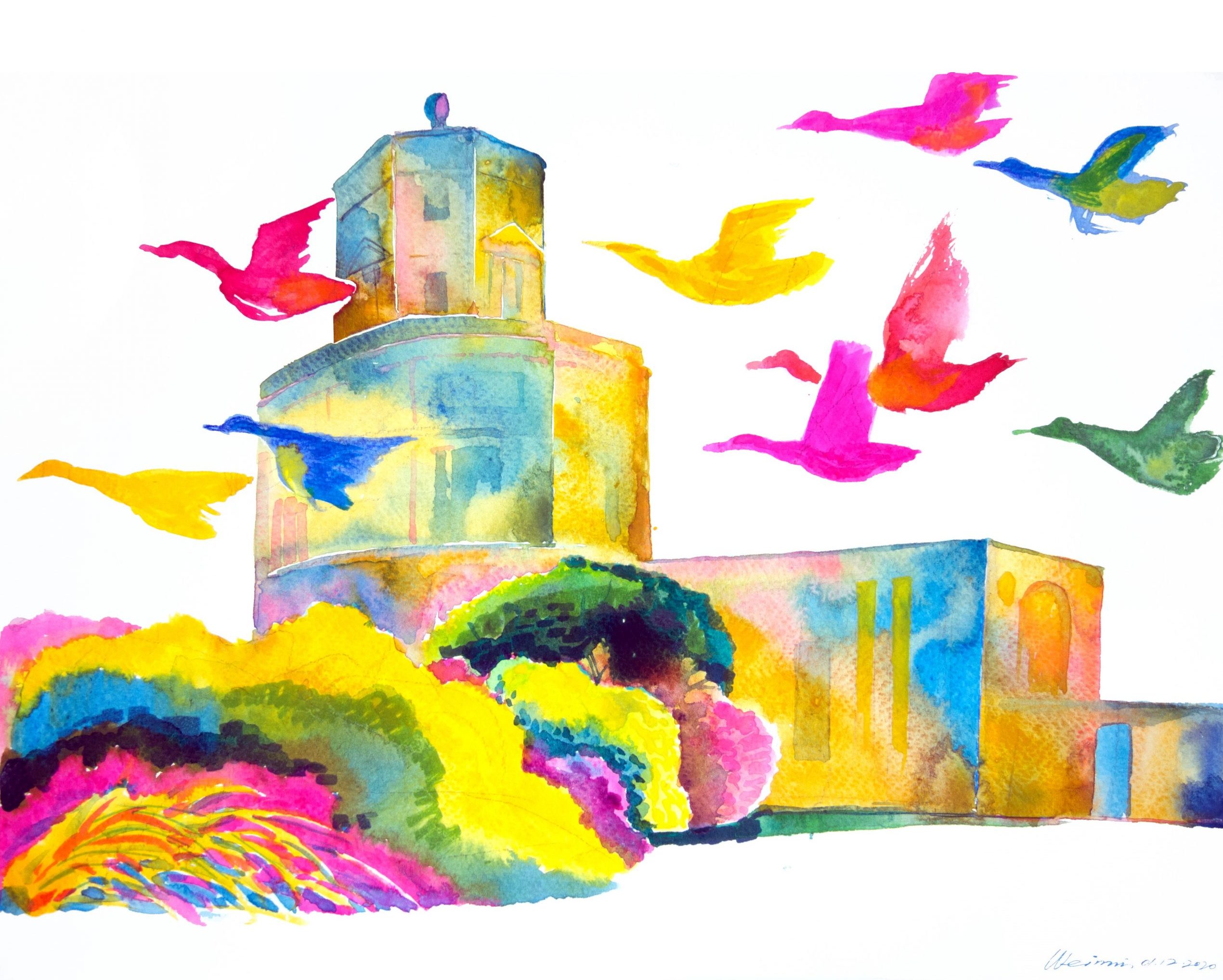 A flock of colourful birds fly across the Radcliffe Observatory in this painting by Weimin He
