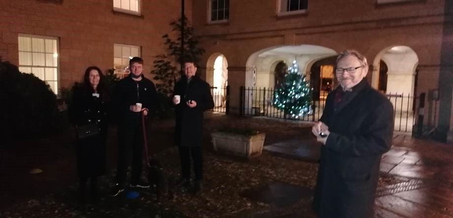 Green Templeton staff enjoy a socially-distanced Christmas catchup in the Quad