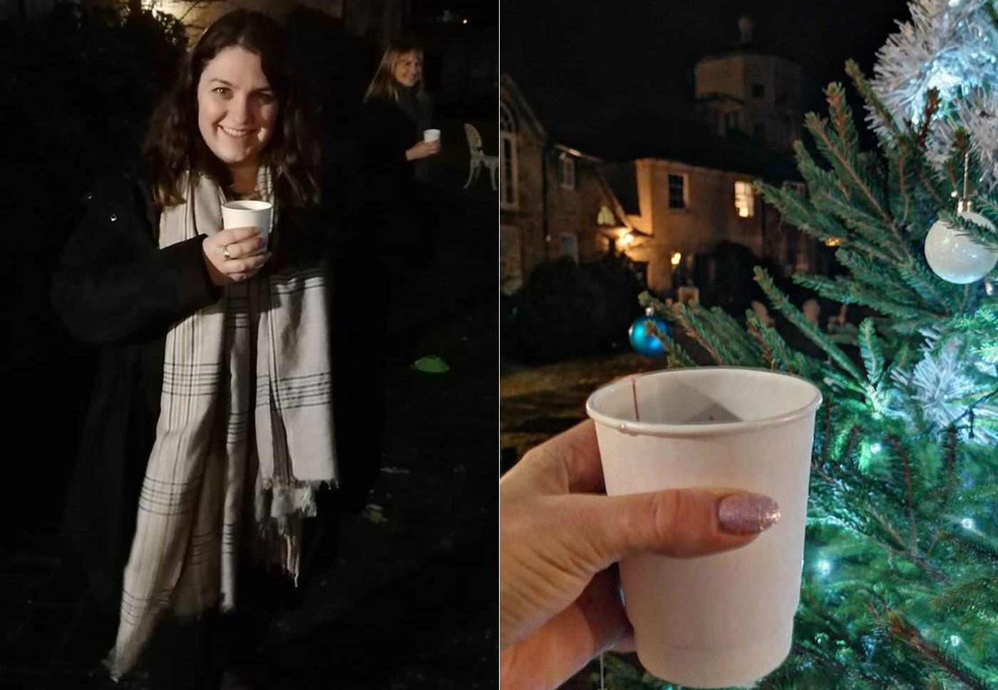 A staff member raises a cup of mulled wine in a toast as the Radcliffe Observatory shines in the distance