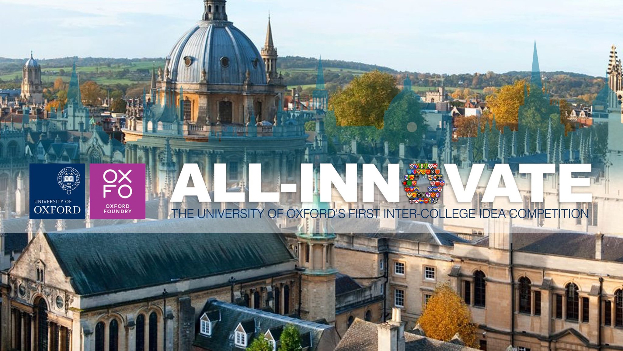 An aerial view of the dreaming spires of Oxford with the words 'All-Innovate' written across the image