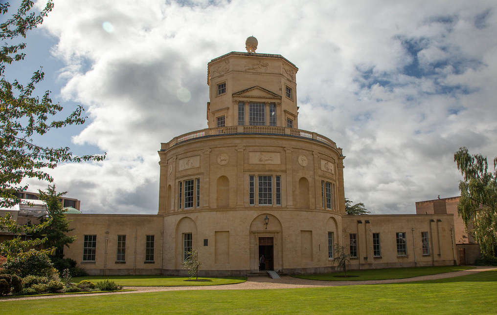The Radcliffe Observatory gleaming in a patch of sunshine on a cloudy day