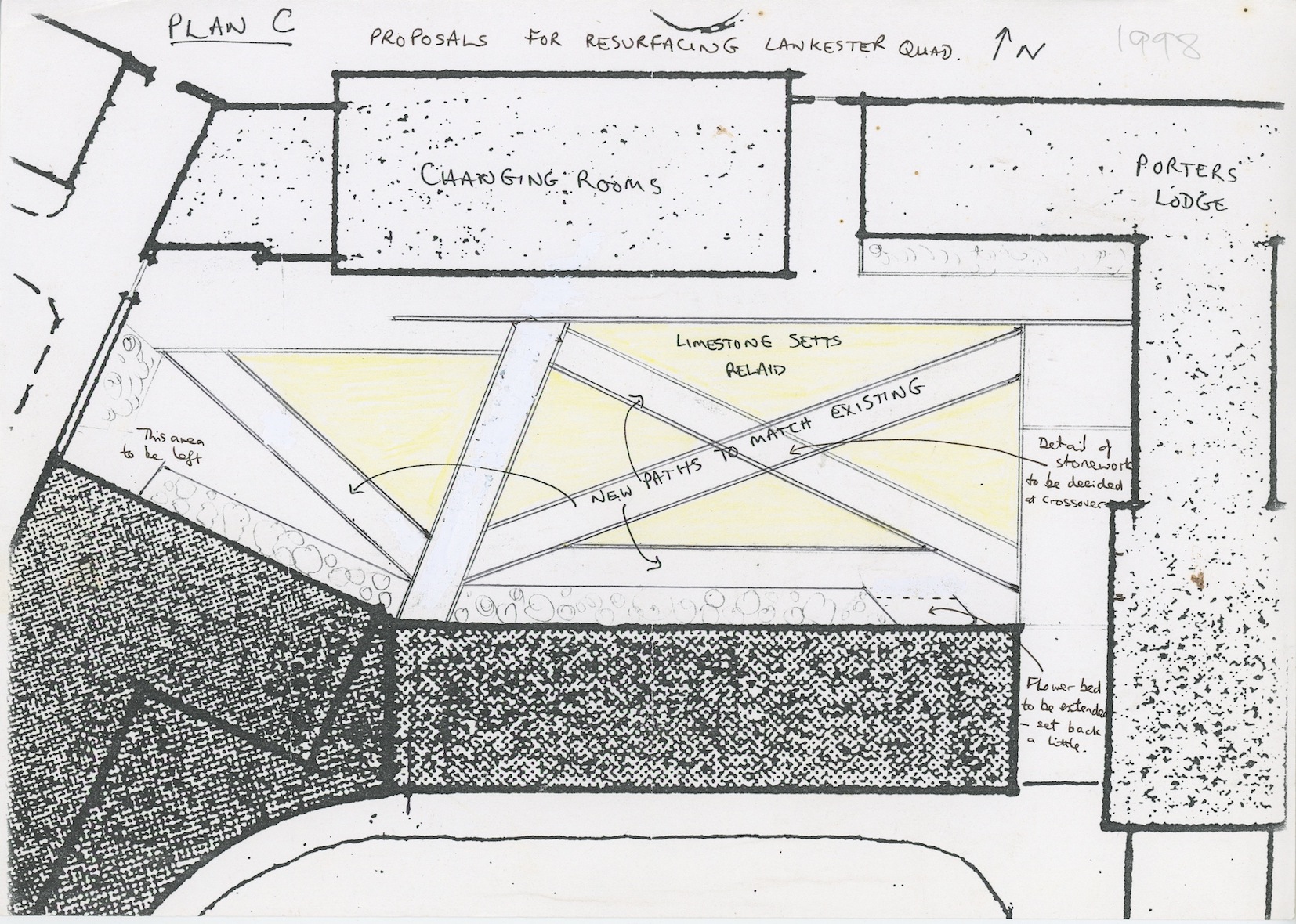 A pencil drawing of plans for criss-cross pathing across Lankester Quad