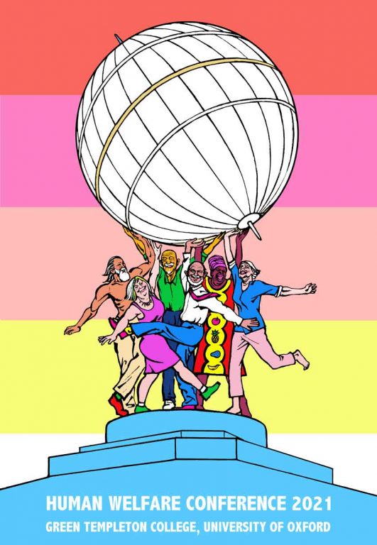 An artwork by Weimin He commissioned for the Human Welfare COnference showing a group of people standing below the Radcliffe Observatory dome. The background of the piece is a multicoloured rainbow