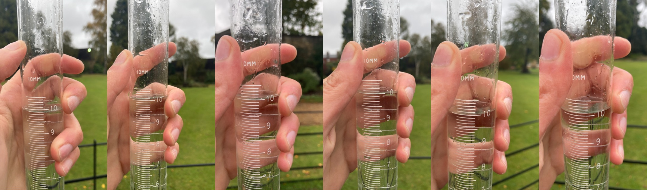 Six different snapshots of a hand holding the rain gauge on the wettest October since records began at the RMS