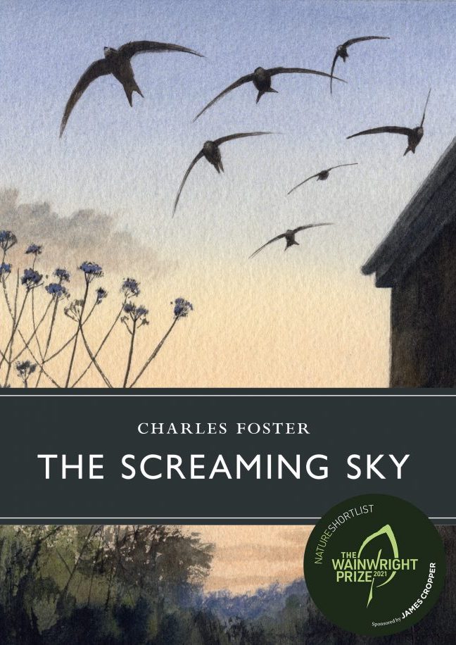 Book cover for The Screaming Sky by Charles Foster showing Common Swifts silhouetted against a sunset