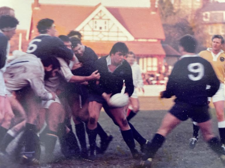 John Webster emerging from maul with rugby ball 