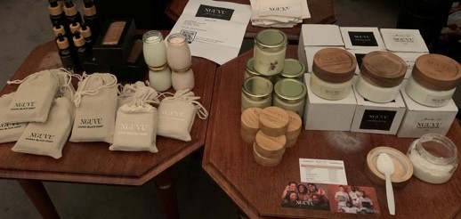 Beauty products displayed on tables