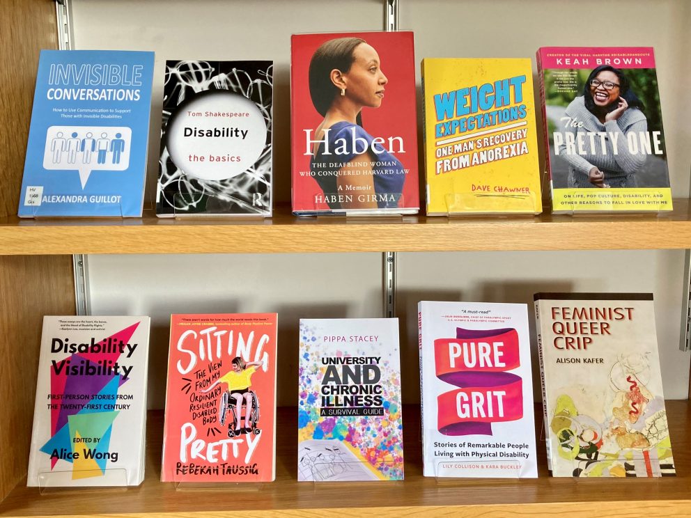 Selection of book covers on display stands