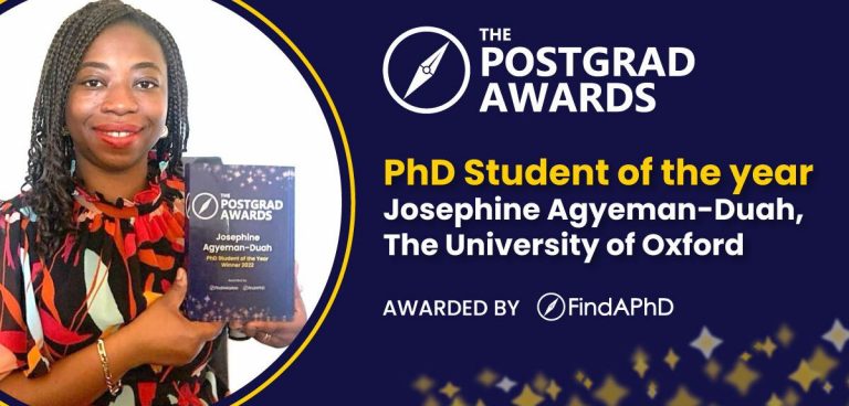 Josephine Agyeman Duah pictured holding Phd Student Of The Year Award within composite graphic