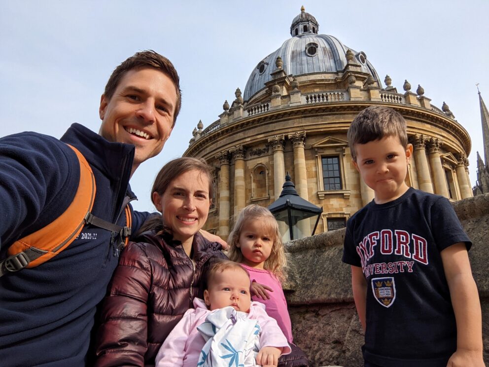 Mary Caplin and family in front of the Radcliffe Camera