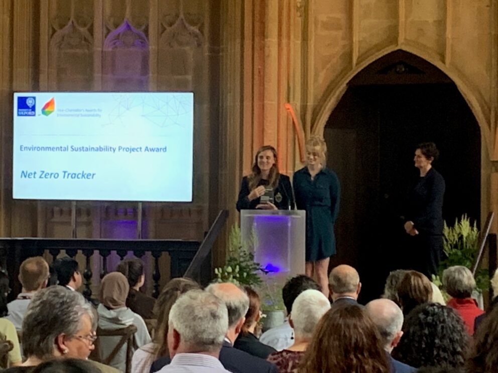 Natasha Lutz Collecting Winning Award On Behalf Of The Net Zero Tracker Team At Vice Chancellor’s Sustainability Awards 2023