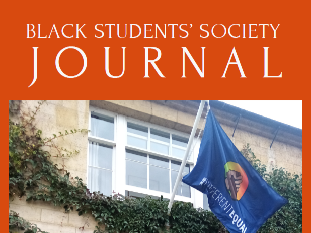 crop from Black Students' Society Journal 2023 Cover With Photo Of Differentequal Flag Flying At College Entrance