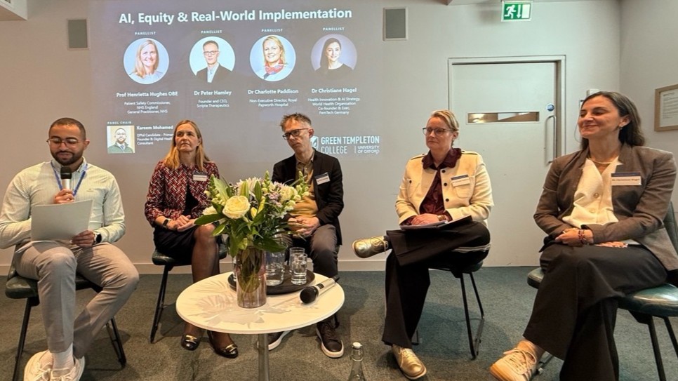 Five People Seated For Discussion With Slide Behind Entitled Ai Equity And Real World Implementation