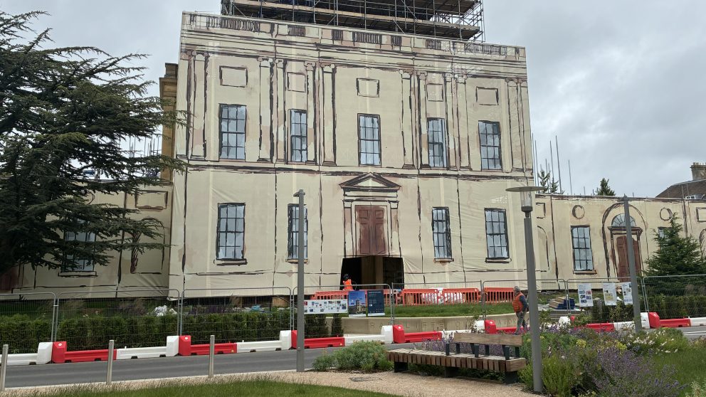 Scaffolding Wrap Being Installed In Front Of Radcliffe Observatory