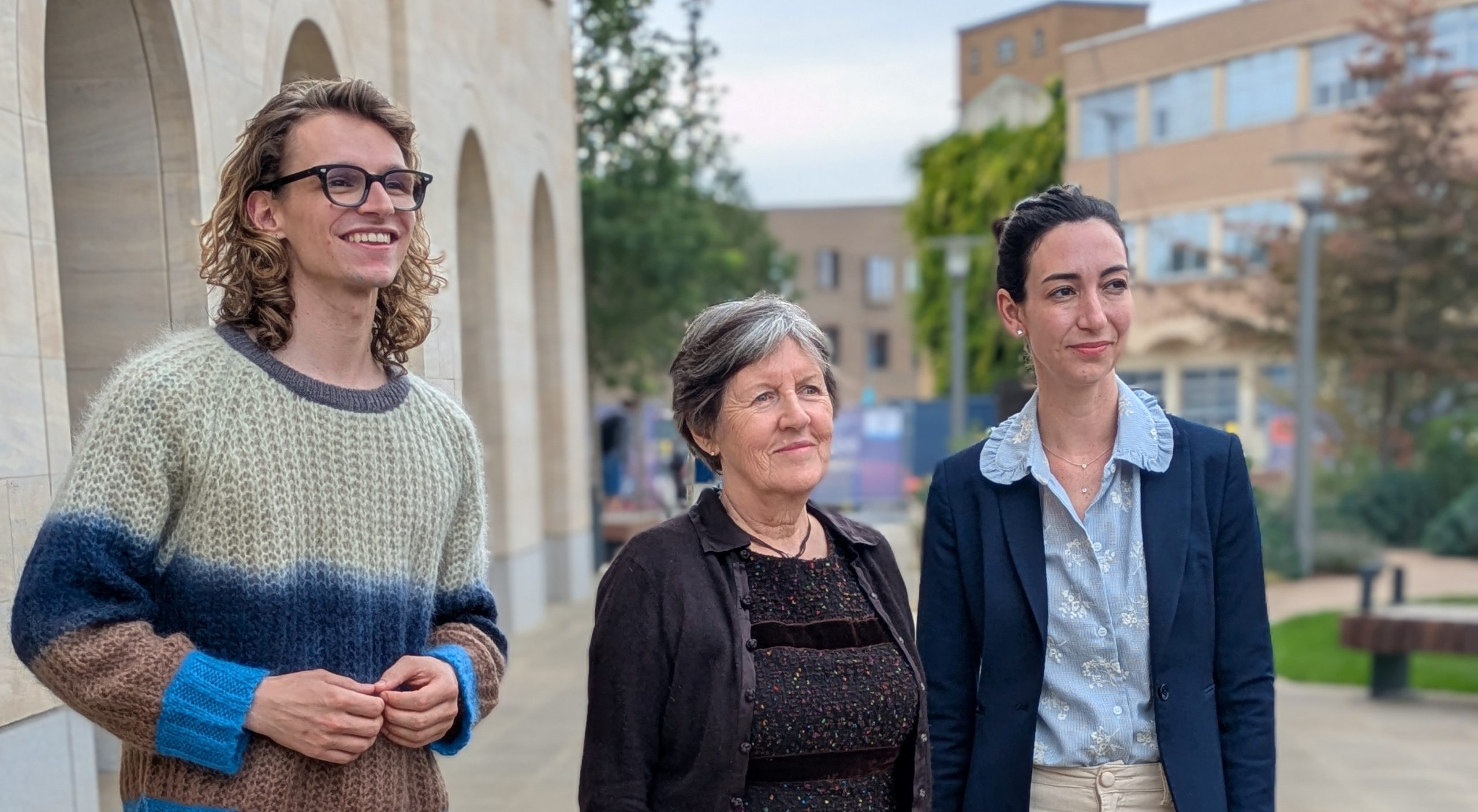 Teun Toebes, Mary Daly and Caroline Green outside the Schwarzman Centre